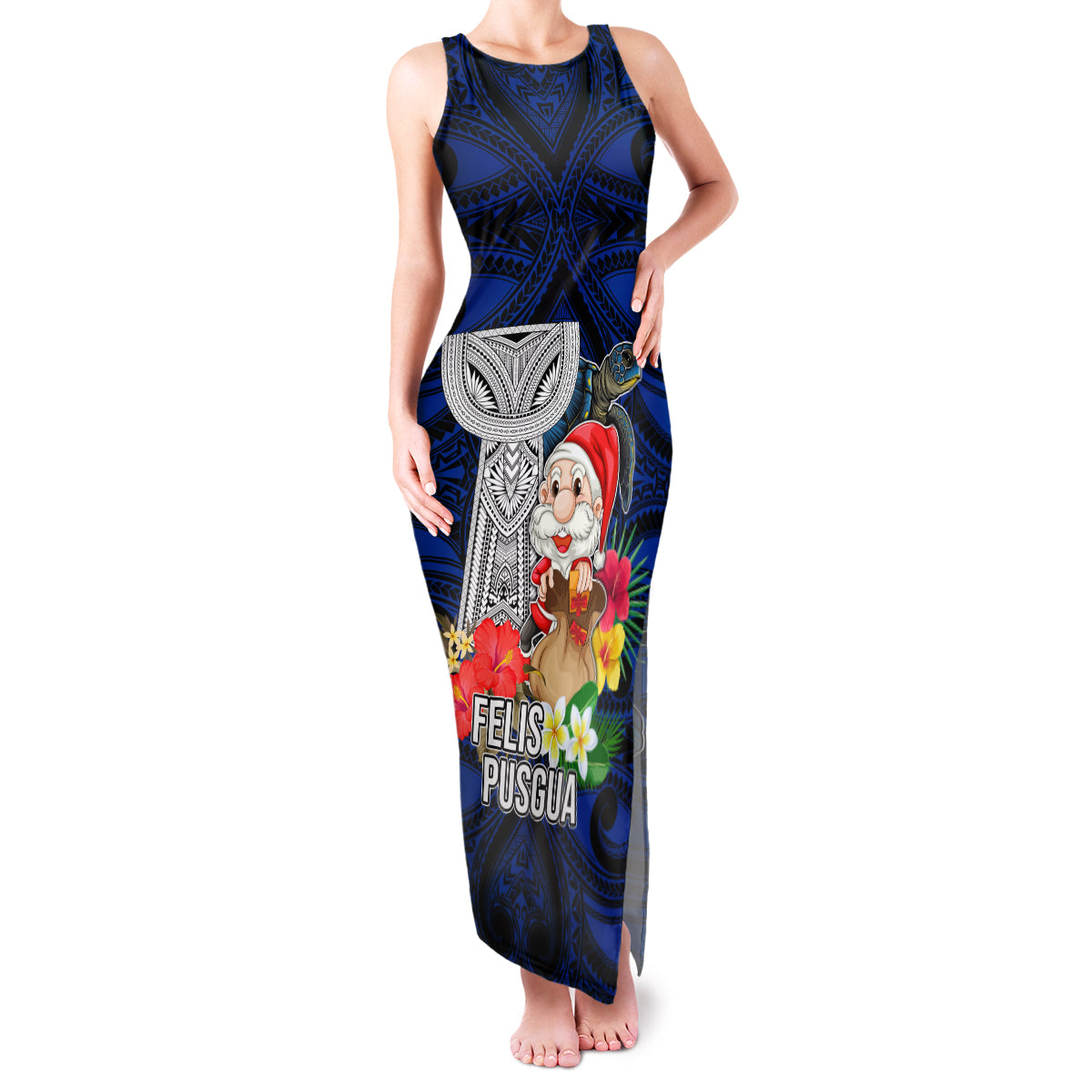 Custom Guam Christmas Family Matching Tank Maxi Dress and Hawaiian Shirt Santa Gift Latte Stone and Sea Turle Mix Hibiscus Chamorro Blue Style LT03 Mom's Dress Blue - Polynesian Pride
