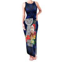 Custom Guam Christmas Family Matching Tank Maxi Dress and Hawaiian Shirt Santa Gift Latte Stone and Sea Turle Mix Hibiscus Chamorro Blue Style LT03 Mom's Dress Blue - Polynesian Pride