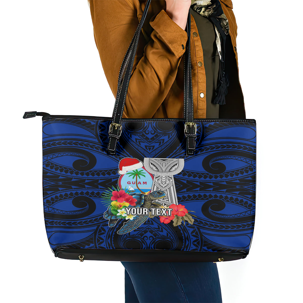 Custom Guam Christmas Leather Tote Bag Santa Gift Latte Stone and Sea Turle Mix Hibiscus Chamorro Blue Style LT03