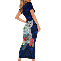 Custom Guam Christmas Short Sleeve Bodycon Dress Santa Gift Latte Stone and Sea Turle Mix Hibiscus Chamorro Blue Style LT03