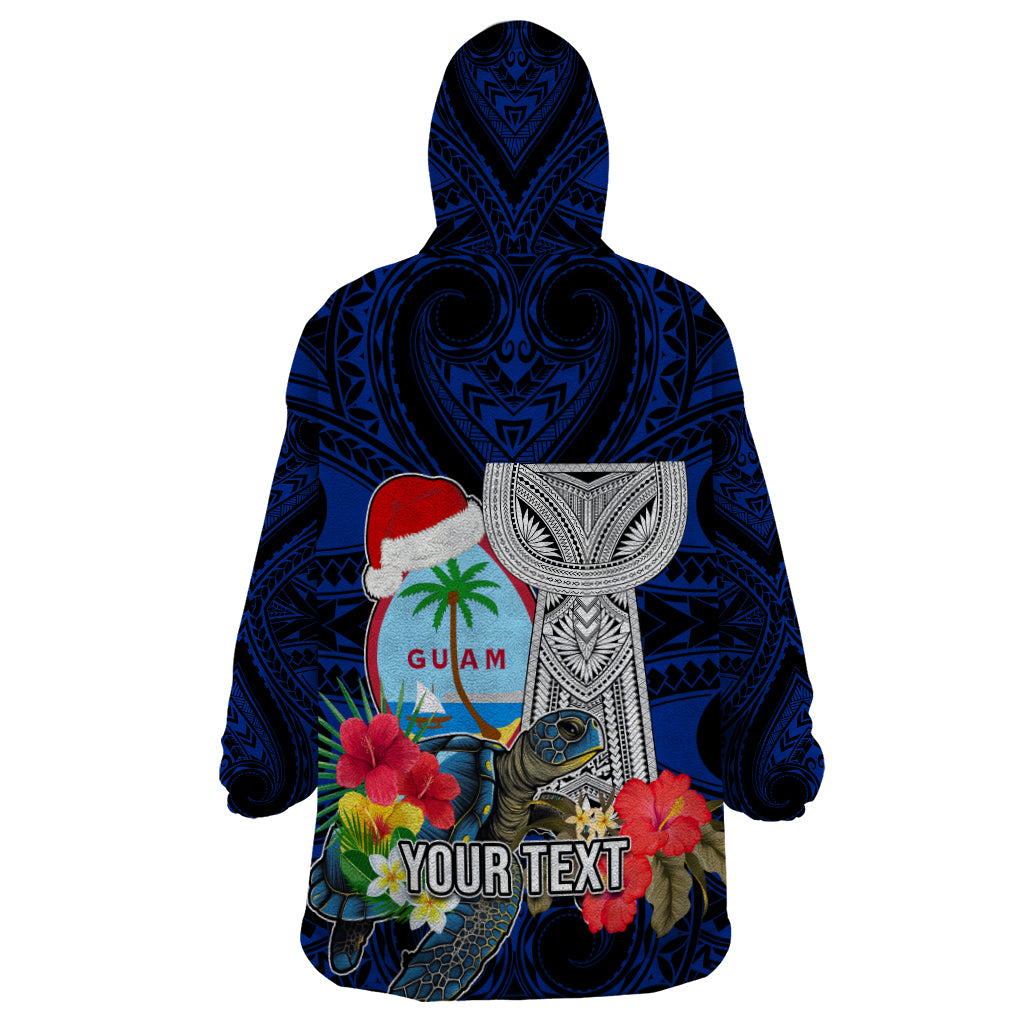 Custom Guam Christmas Wearable Blanket Hoodie Santa Gift Latte Stone and Sea Turle Mix Hibiscus Chamorro Blue Style LT03