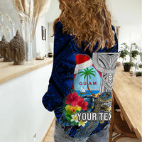 Custom Guam Christmas Women Casual Shirt Santa Gift Latte Stone and Sea Turle Mix Hibiscus Chamorro Blue Style LT03