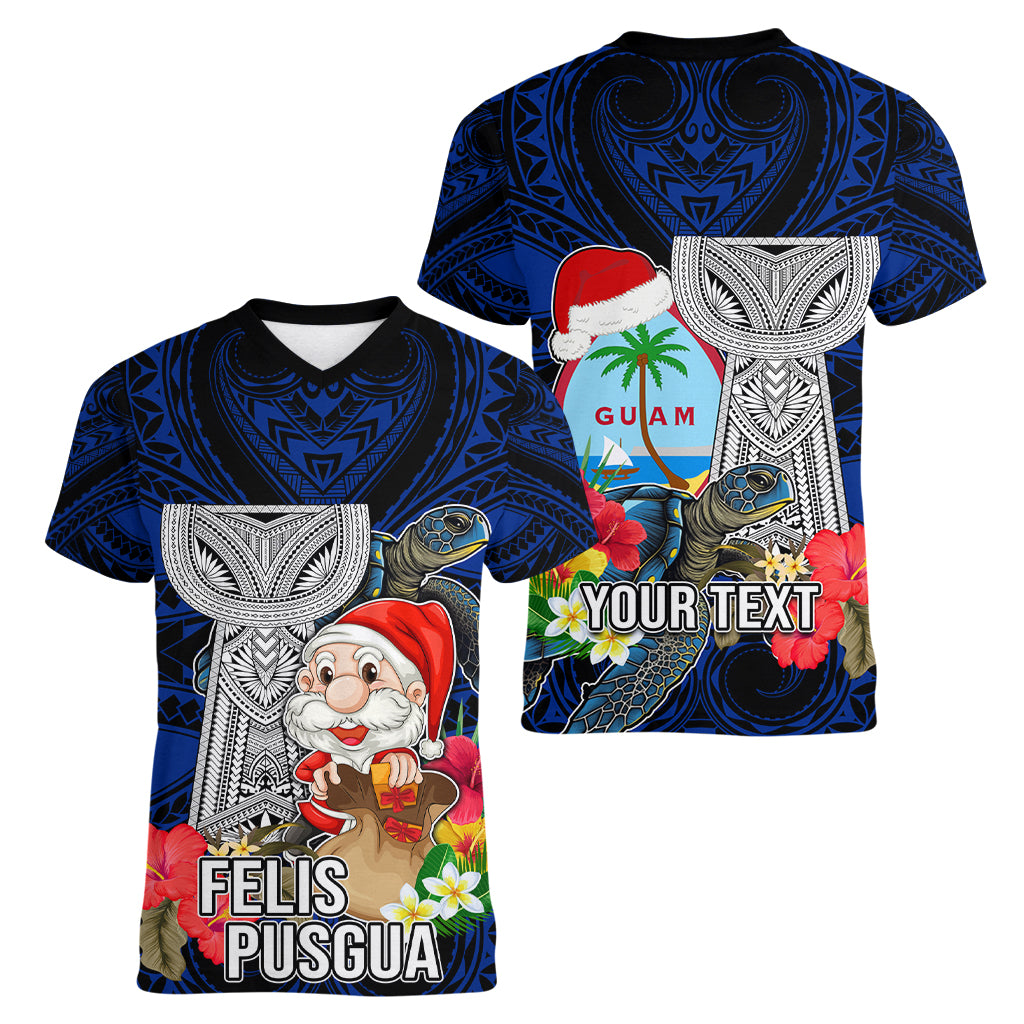 Custom Guam Christmas Women V Neck T Shirt Santa Gift Latte Stone and Sea Turle Mix Hibiscus Chamorro Blue Style LT03