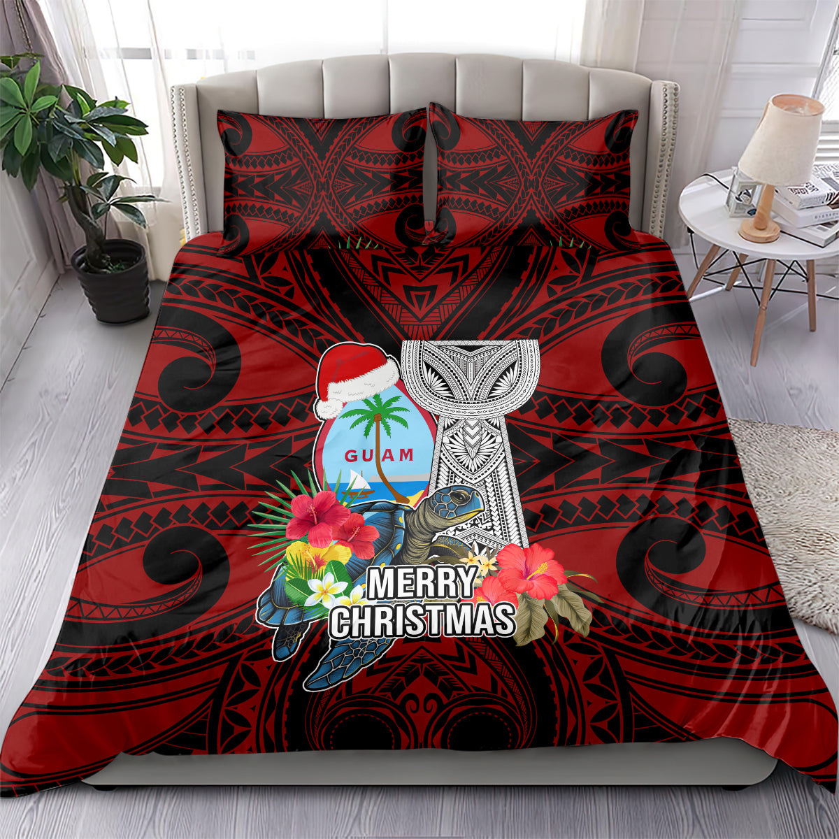 Guam Christmas Bedding Set Santa Gift Latte Stone and Sea Turle Mix Hibiscus Chamorro Red Style LT03 - Polynesian Pride