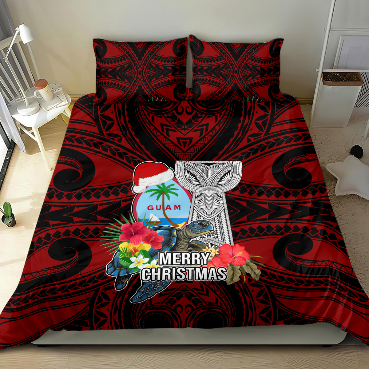 Guam Christmas Bedding Set Santa Gift Latte Stone and Sea Turle Mix Hibiscus Chamorro Red Style LT03 - Polynesian Pride