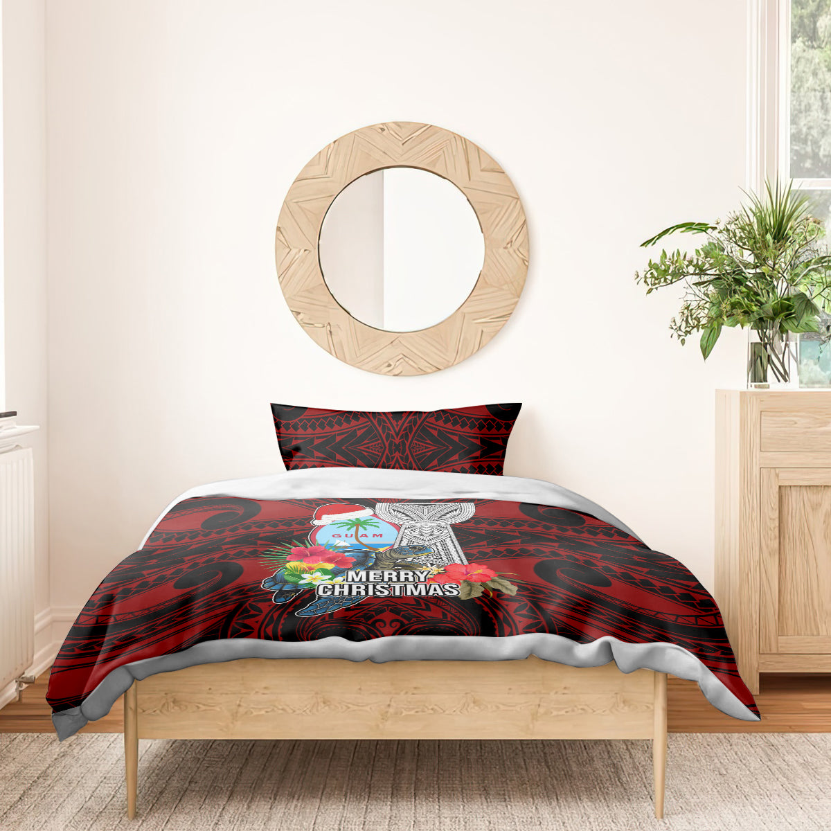 Guam Christmas Bedding Set Santa Gift Latte Stone and Sea Turle Mix Hibiscus Chamorro Red Style LT03 - Polynesian Pride