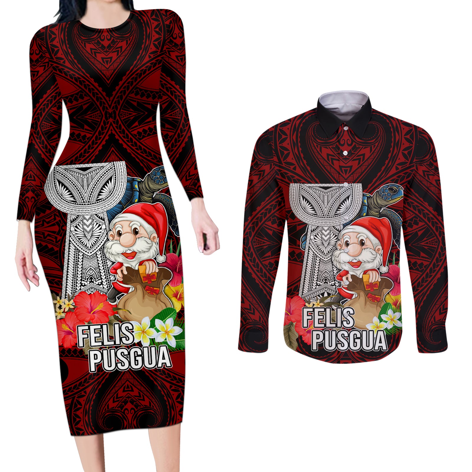 Guam Christmas Couples Matching Long Sleeve Bodycon Dress and Long Sleeve Button Shirt Santa Gift Latte Stone and Sea Turle Mix Hibiscus Chamorro Red Style LT03