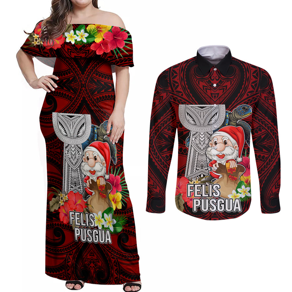 Guam Christmas Couples Matching Off Shoulder Maxi Dress and Long Sleeve Button Shirt Santa Gift Latte Stone and Sea Turle Mix Hibiscus Chamorro Red Style LT03 Red - Polynesian Pride