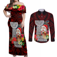 Guam Christmas Couples Matching Off Shoulder Maxi Dress and Long Sleeve Button Shirt Santa Gift Latte Stone and Sea Turle Mix Hibiscus Chamorro Red Style LT03 Red - Polynesian Pride