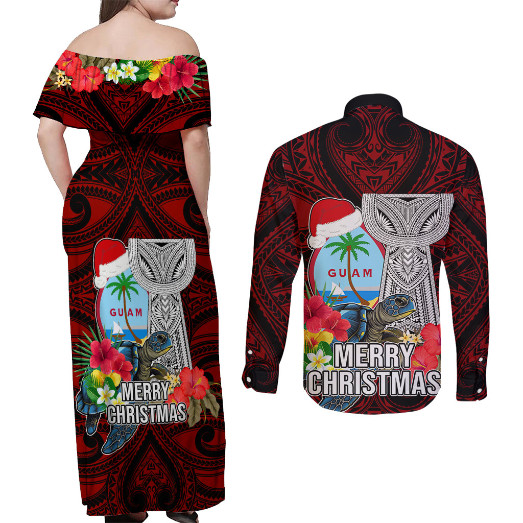 Guam Christmas Couples Matching Off Shoulder Maxi Dress and Long Sleeve Button Shirt Santa Gift Latte Stone and Sea Turle Mix Hibiscus Chamorro Red Style LT03 - Polynesian Pride