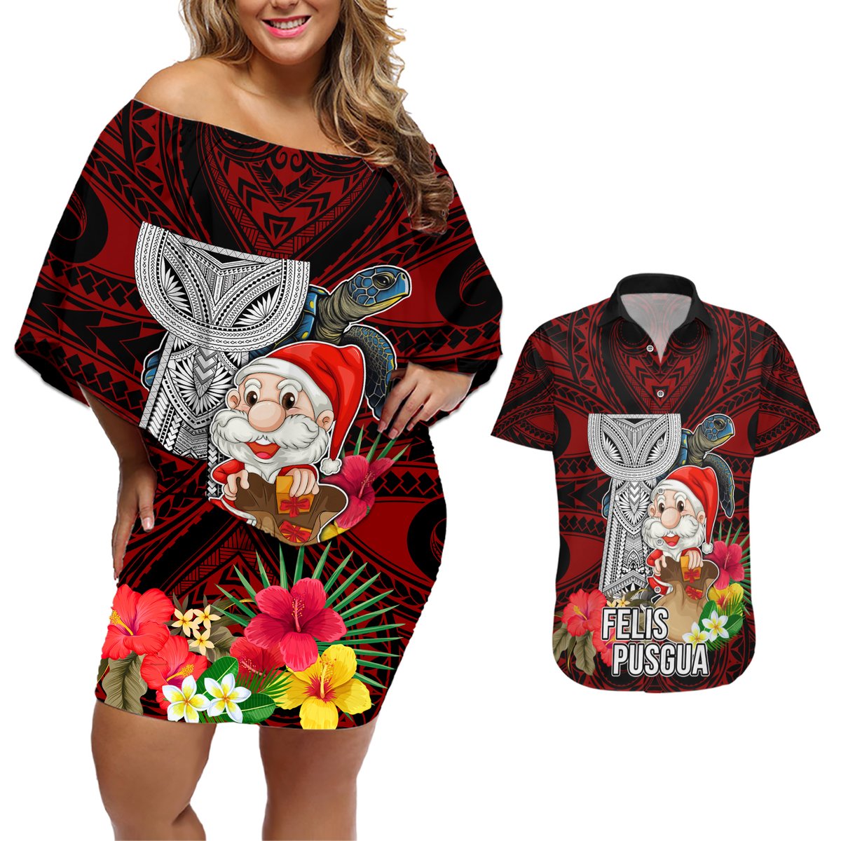 Guam Christmas Couples Matching Off Shoulder Short Dress and Hawaiian Shirt Santa Gift Latte Stone and Sea Turle Mix Hibiscus Chamorro Red Style LT03 Red - Polynesian Pride