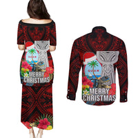 Guam Christmas Couples Matching Puletasi Dress and Long Sleeve Button Shirt Santa Gift Latte Stone and Sea Turle Mix Hibiscus Chamorro Red Style LT03