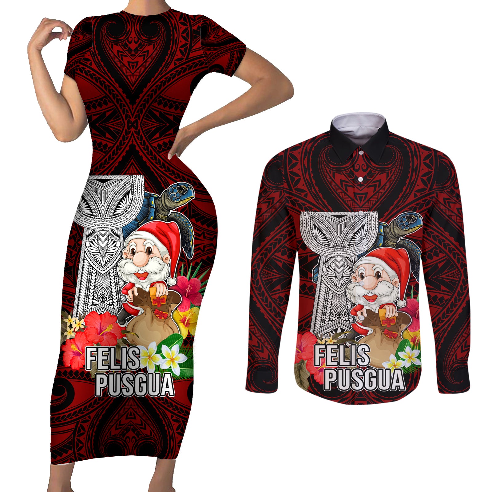 Guam Christmas Couples Matching Short Sleeve Bodycon Dress and Long Sleeve Button Shirt Santa Gift Latte Stone and Sea Turle Mix Hibiscus Chamorro Red Style LT03