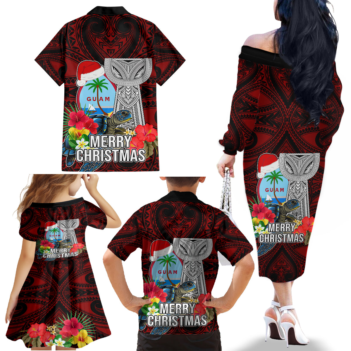 Guam Christmas Family Matching Off Shoulder Long Sleeve Dress and Hawaiian Shirt Santa Gift Latte Stone and Sea Turle Mix Hibiscus Chamorro Red Style LT03 - Polynesian Pride
