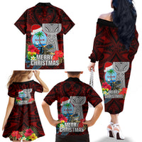 Guam Christmas Family Matching Off Shoulder Long Sleeve Dress and Hawaiian Shirt Santa Gift Latte Stone and Sea Turle Mix Hibiscus Chamorro Red Style LT03 - Polynesian Pride