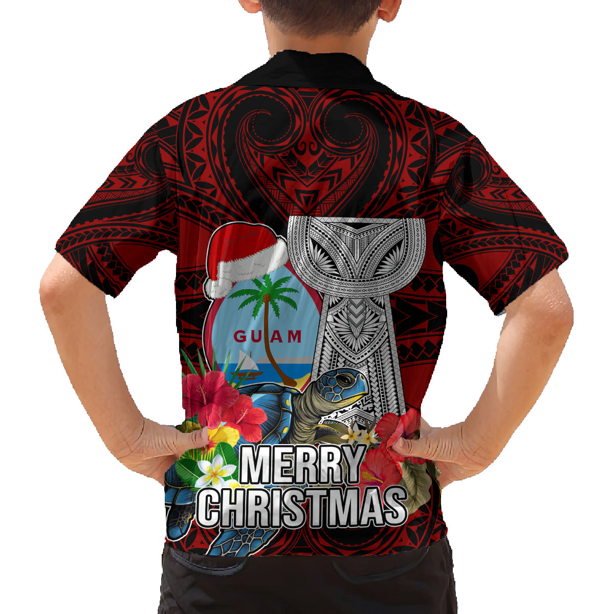 Guam Christmas Family Matching Off Shoulder Maxi Dress and Hawaiian Shirt Santa Gift Latte Stone and Sea Turle Mix Hibiscus Chamorro Red Style LT03 - Polynesian Pride