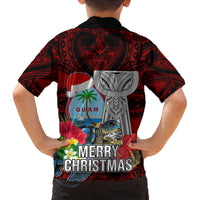 Guam Christmas Family Matching Off Shoulder Maxi Dress and Hawaiian Shirt Santa Gift Latte Stone and Sea Turle Mix Hibiscus Chamorro Red Style LT03 - Polynesian Pride