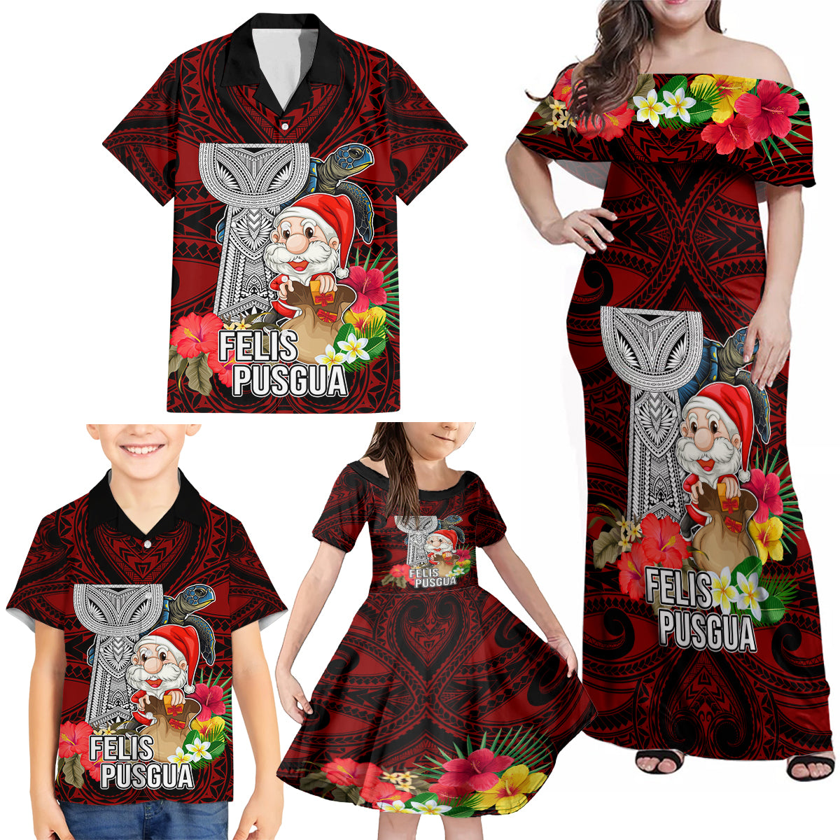 Guam Christmas Family Matching Off Shoulder Maxi Dress and Hawaiian Shirt Santa Gift Latte Stone and Sea Turle Mix Hibiscus Chamorro Red Style LT03 - Polynesian Pride