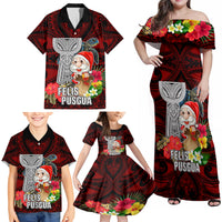 Guam Christmas Family Matching Off Shoulder Maxi Dress and Hawaiian Shirt Santa Gift Latte Stone and Sea Turle Mix Hibiscus Chamorro Red Style LT03 - Polynesian Pride