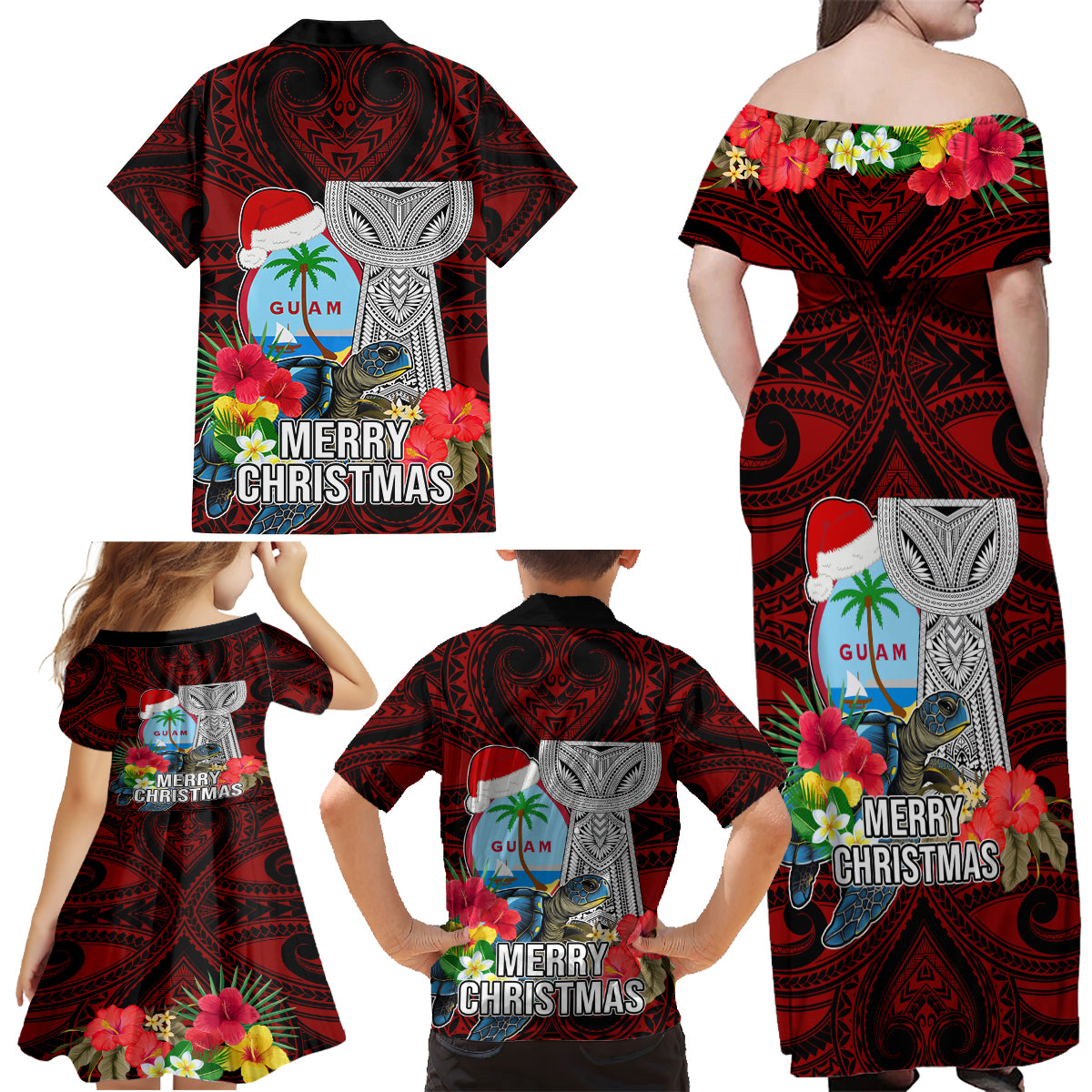 Guam Christmas Family Matching Off Shoulder Maxi Dress and Hawaiian Shirt Santa Gift Latte Stone and Sea Turle Mix Hibiscus Chamorro Red Style LT03 - Polynesian Pride