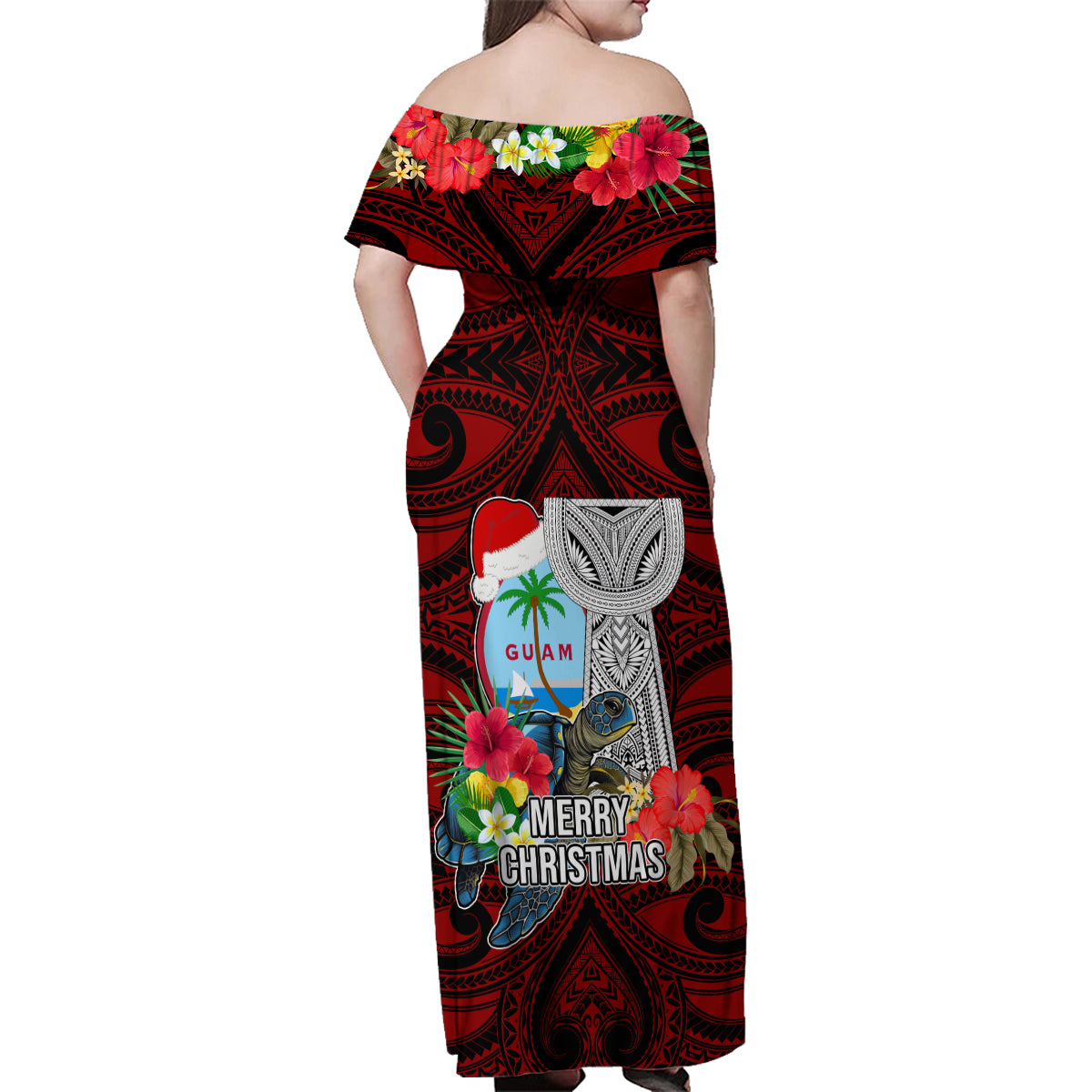 Guam Christmas Family Matching Off Shoulder Maxi Dress and Hawaiian Shirt Santa Gift Latte Stone and Sea Turle Mix Hibiscus Chamorro Red Style LT03 - Polynesian Pride