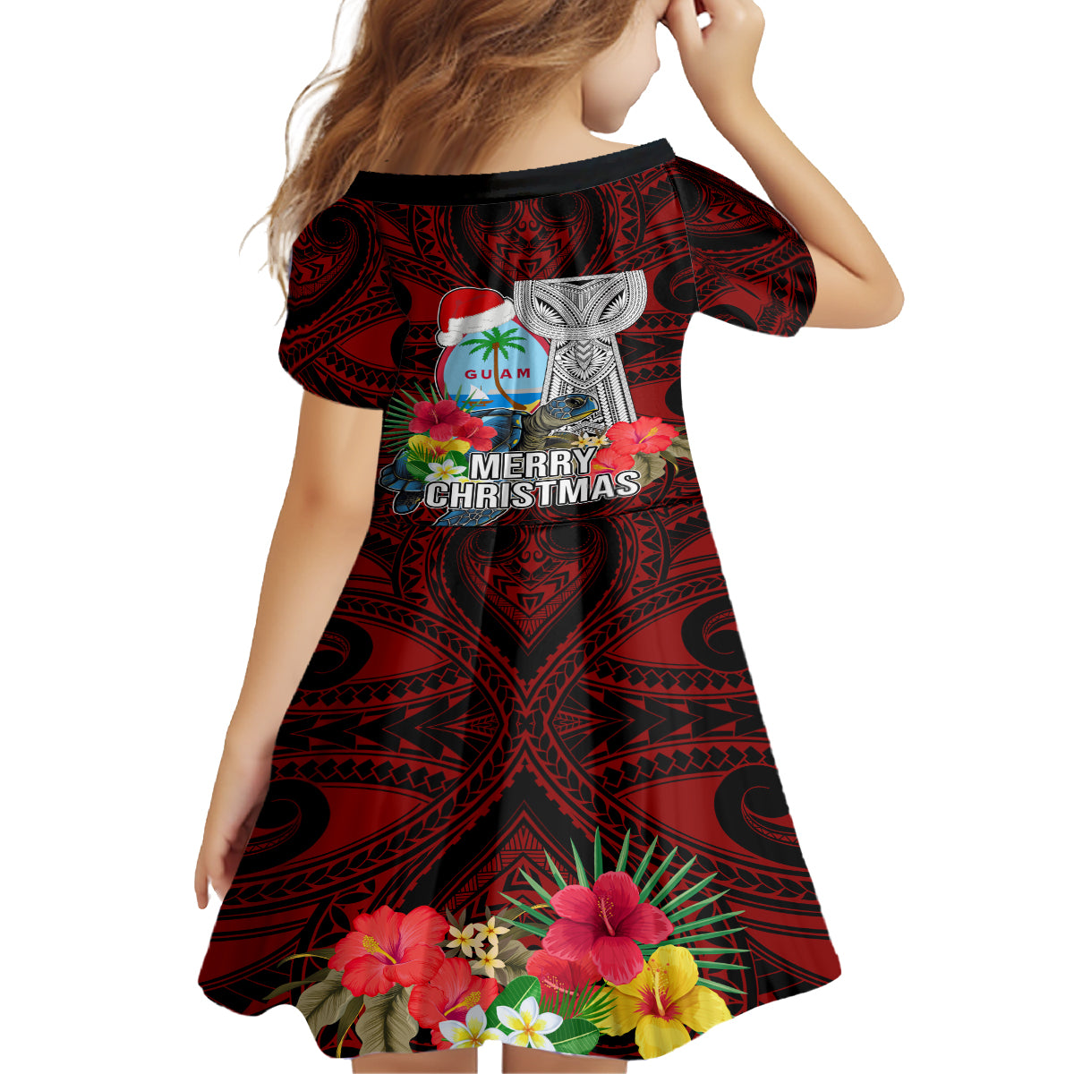 Guam Christmas Family Matching Off Shoulder Short Dress and Hawaiian Shirt Santa Gift Latte Stone and Sea Turle Mix Hibiscus Chamorro Red Style LT03 - Polynesian Pride