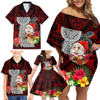 Guam Christmas Family Matching Off Shoulder Short Dress and Hawaiian Shirt Santa Gift Latte Stone and Sea Turle Mix Hibiscus Chamorro Red Style LT03 - Polynesian Pride