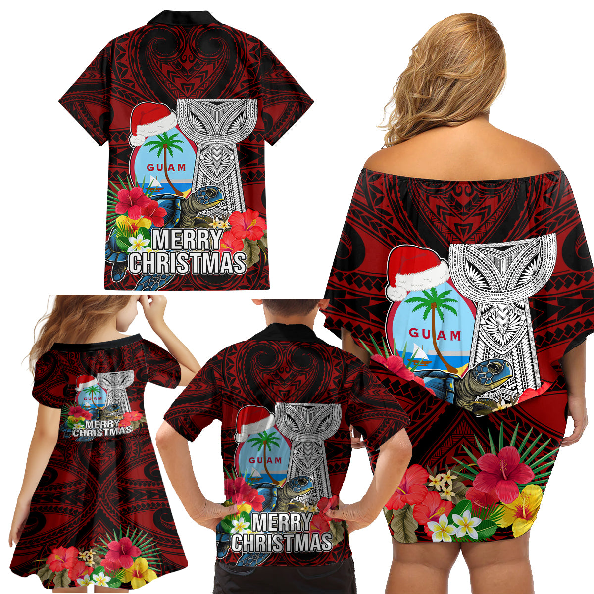 Guam Christmas Family Matching Off Shoulder Short Dress and Hawaiian Shirt Santa Gift Latte Stone and Sea Turle Mix Hibiscus Chamorro Red Style LT03 - Polynesian Pride