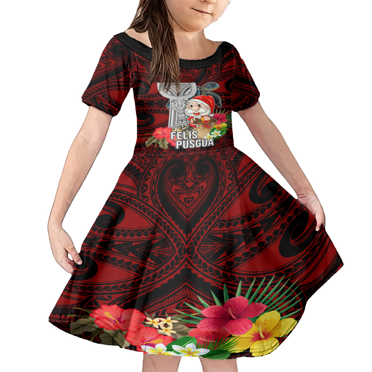 Guam Christmas Family Matching Puletasi Dress and Hawaiian Shirt Santa Gift Latte Stone and Sea Turle Mix Hibiscus Chamorro Red Style LT03 Daughter's Dress Red - Polynesian Pride