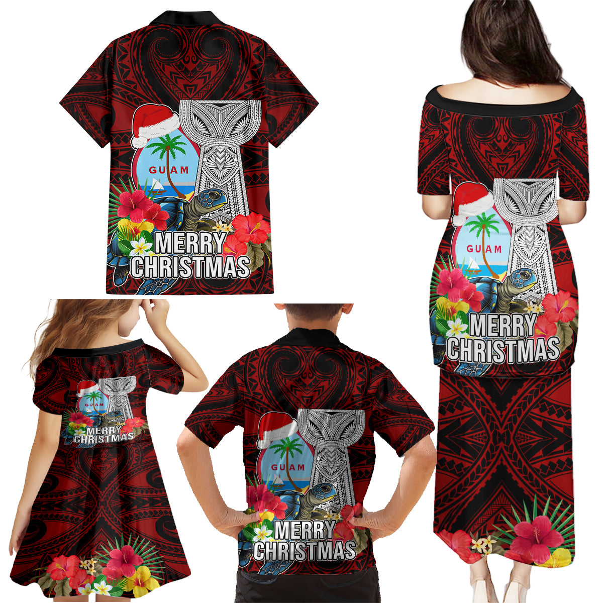 Guam Christmas Family Matching Puletasi Dress and Hawaiian Shirt Santa Gift Latte Stone and Sea Turle Mix Hibiscus Chamorro Red Style LT03 - Polynesian Pride