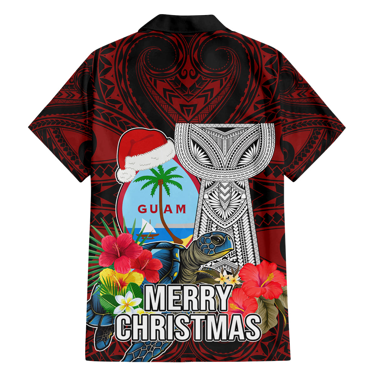 Guam Christmas Family Matching Puletasi Dress and Hawaiian Shirt Santa Gift Latte Stone and Sea Turle Mix Hibiscus Chamorro Red Style LT03 - Polynesian Pride
