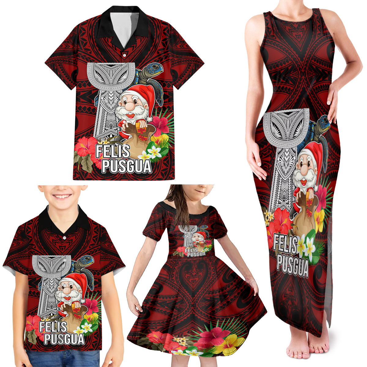 Guam Christmas Family Matching Tank Maxi Dress and Hawaiian Shirt Santa Gift Latte Stone and Sea Turle Mix Hibiscus Chamorro Red Style LT03 - Polynesian Pride