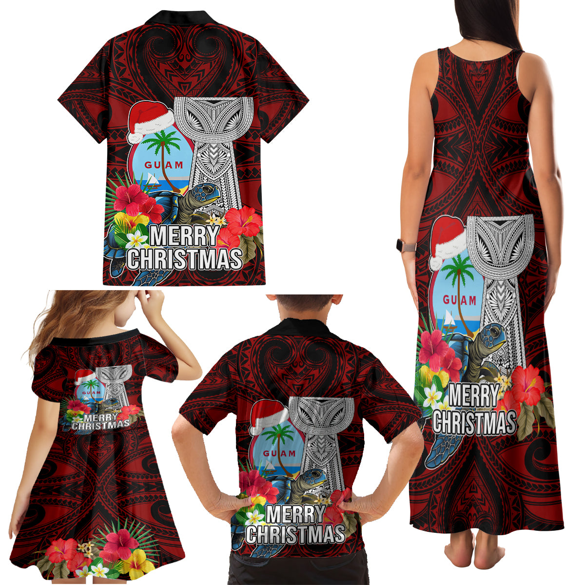 Guam Christmas Family Matching Tank Maxi Dress and Hawaiian Shirt Santa Gift Latte Stone and Sea Turle Mix Hibiscus Chamorro Red Style LT03 - Polynesian Pride
