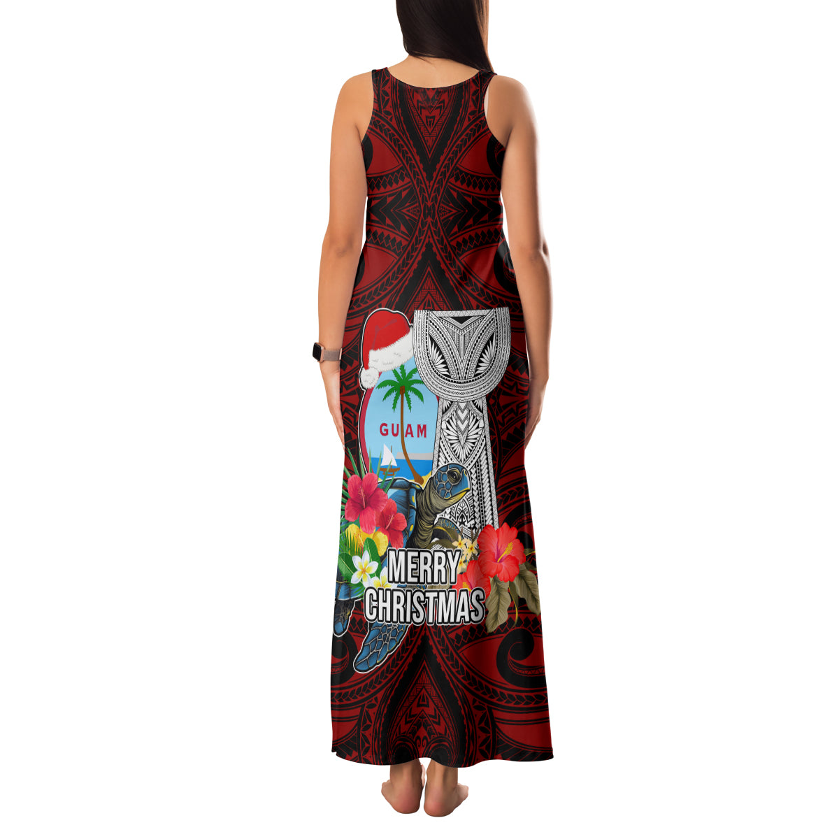 Guam Christmas Family Matching Tank Maxi Dress and Hawaiian Shirt Santa Gift Latte Stone and Sea Turle Mix Hibiscus Chamorro Red Style LT03 - Polynesian Pride