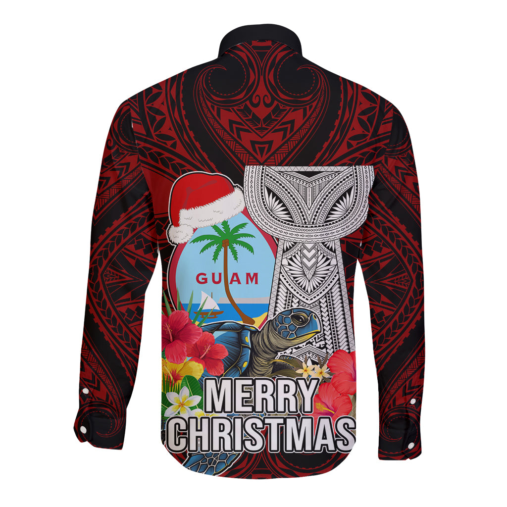 Guam Christmas Long Sleeve Button Shirt Santa Gift Latte Stone and Sea Turle Mix Hibiscus Chamorro Red Style LT03