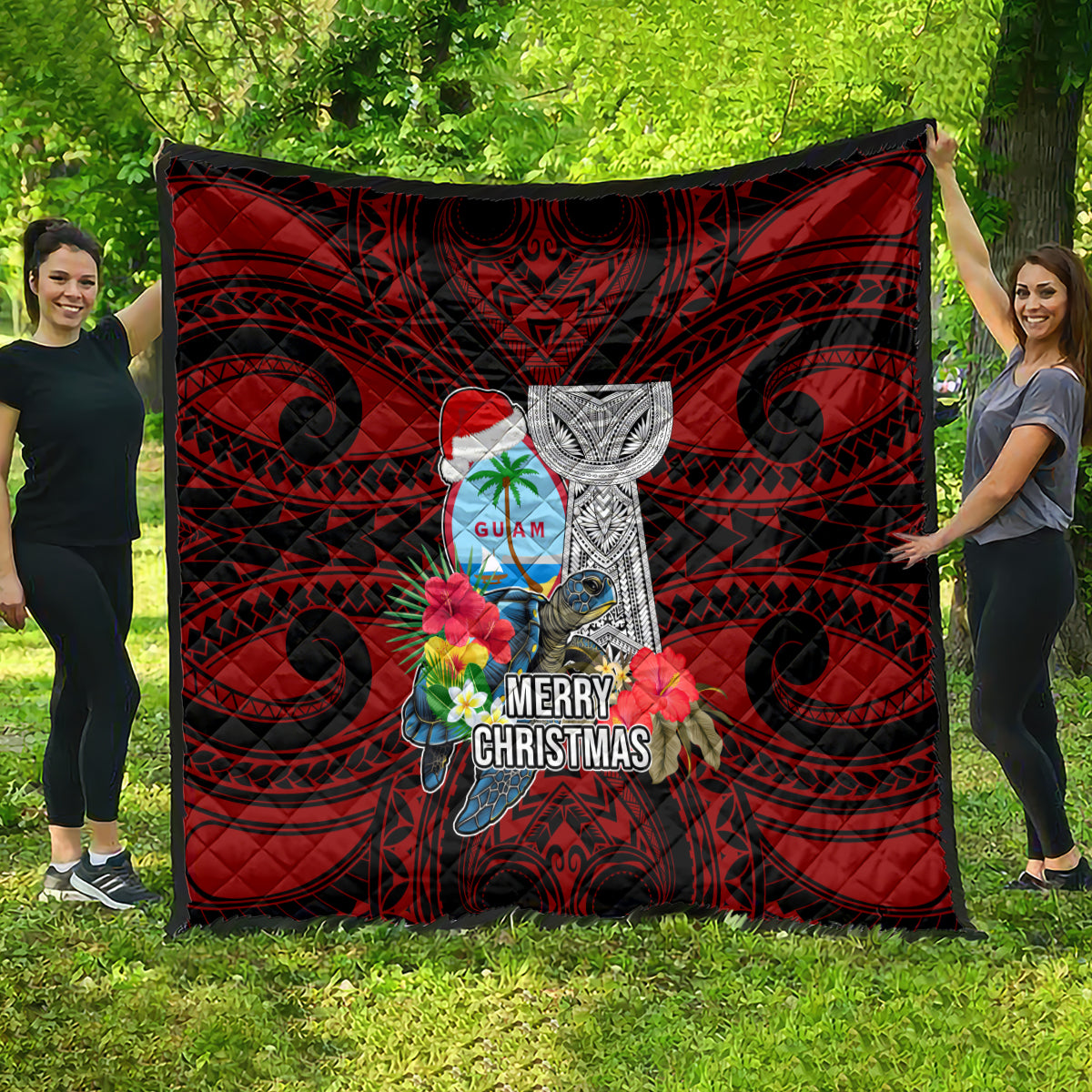 Guam Christmas Quilt Santa Gift Latte Stone and Sea Turle Mix Hibiscus Chamorro Red Style LT03