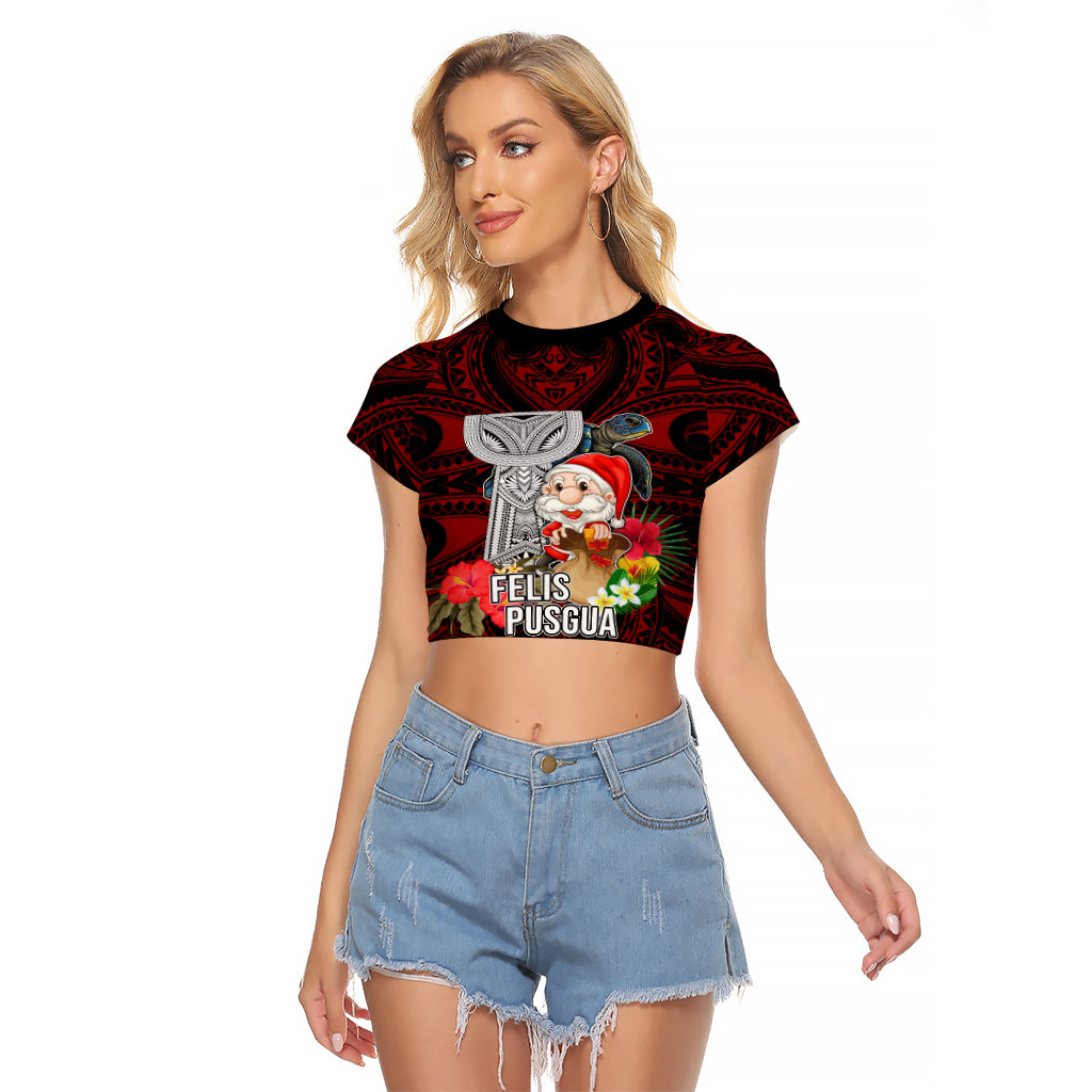 Guam Christmas Raglan Cropped T Shirt Santa Gift Latte Stone and Sea Turle Mix Hibiscus Chamorro Red Style LT03