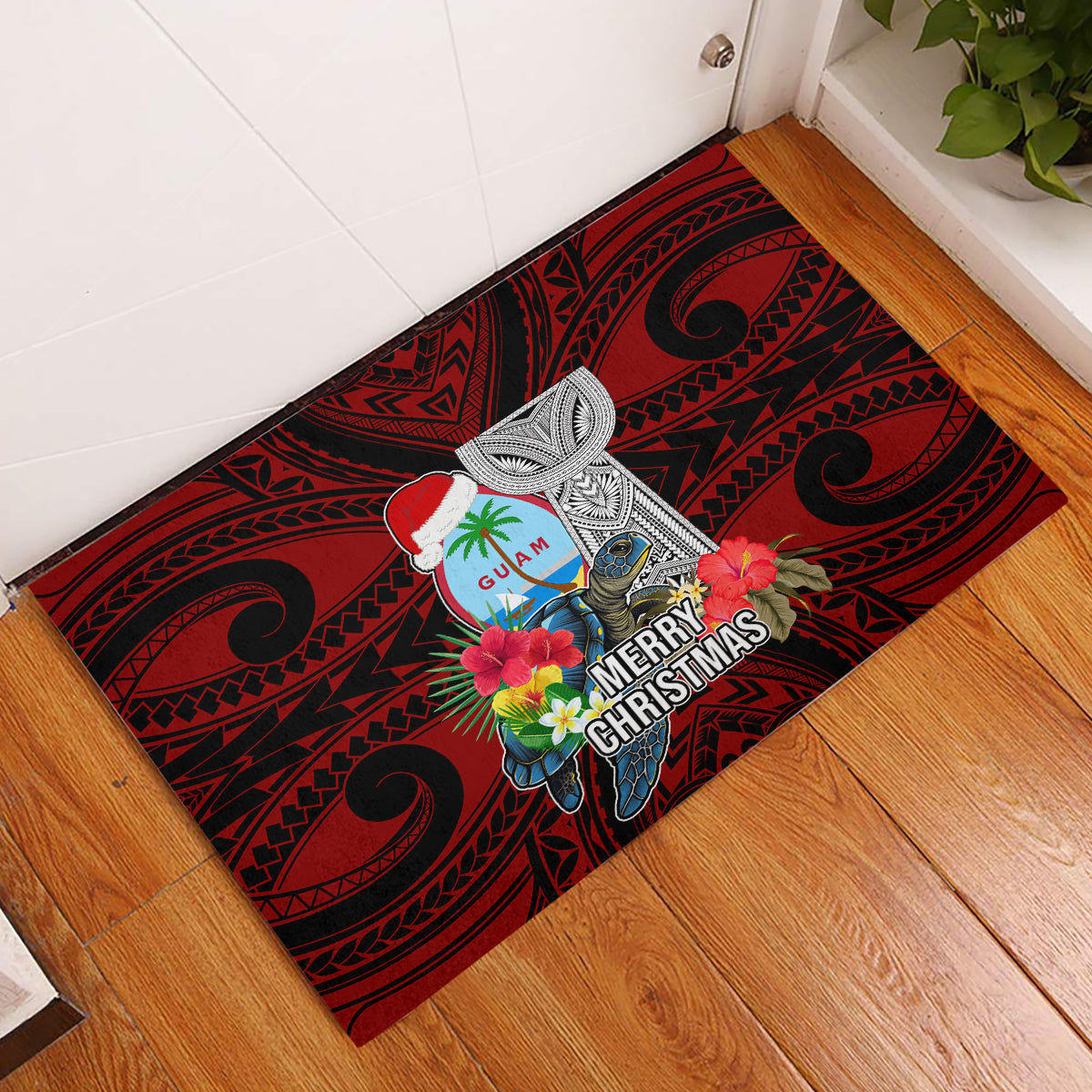 Guam Christmas Rubber Doormat Santa Gift Latte Stone and Sea Turle Mix Hibiscus Chamorro Red Style LT03