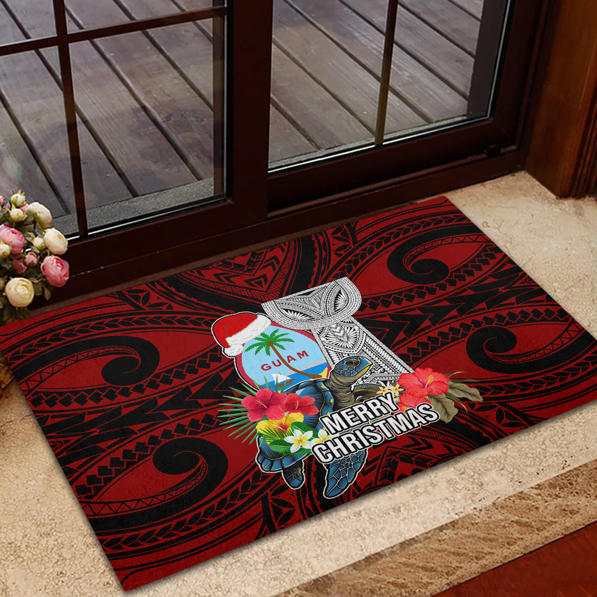 Guam Christmas Rubber Doormat Santa Gift Latte Stone and Sea Turle Mix Hibiscus Chamorro Red Style LT03