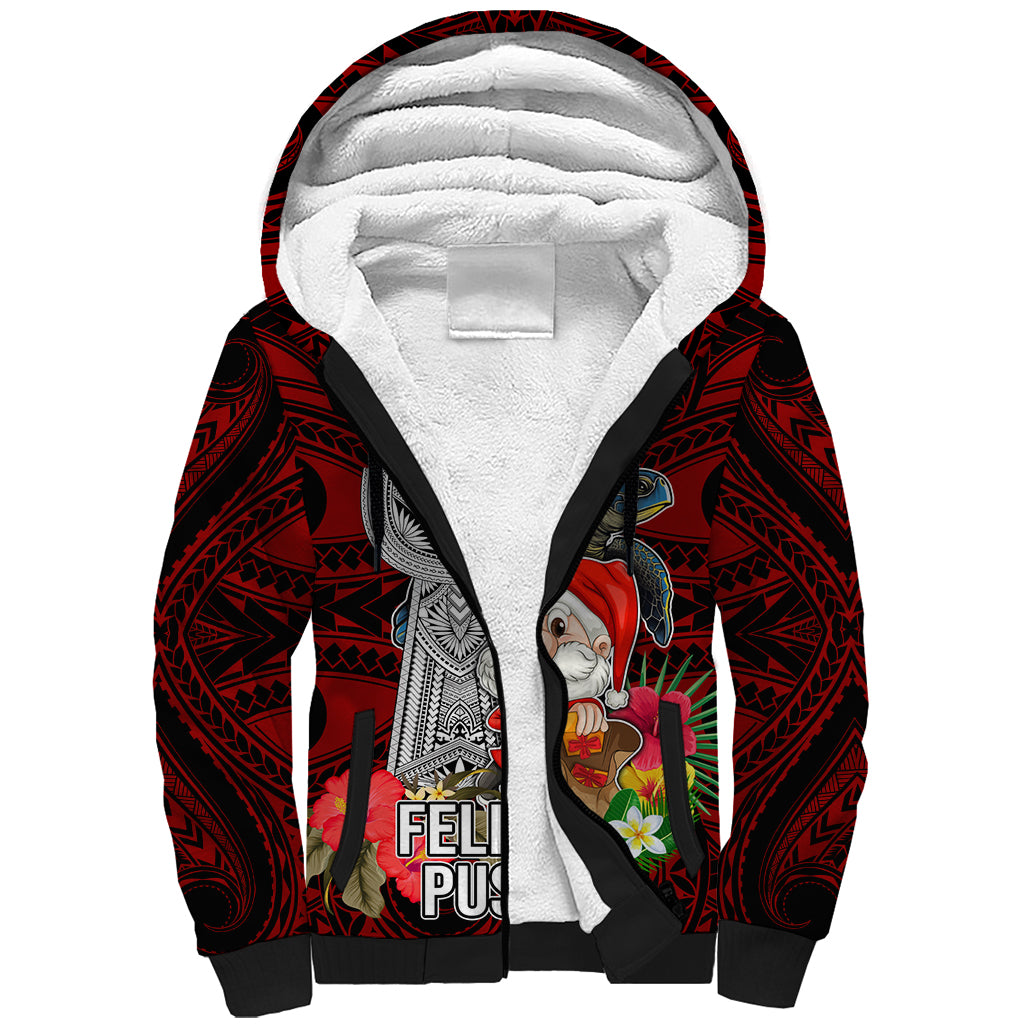 Guam Christmas Sherpa Hoodie Santa Gift Latte Stone and Sea Turle Mix Hibiscus Chamorro Red Style LT03