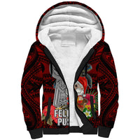 Guam Christmas Sherpa Hoodie Santa Gift Latte Stone and Sea Turle Mix Hibiscus Chamorro Red Style LT03