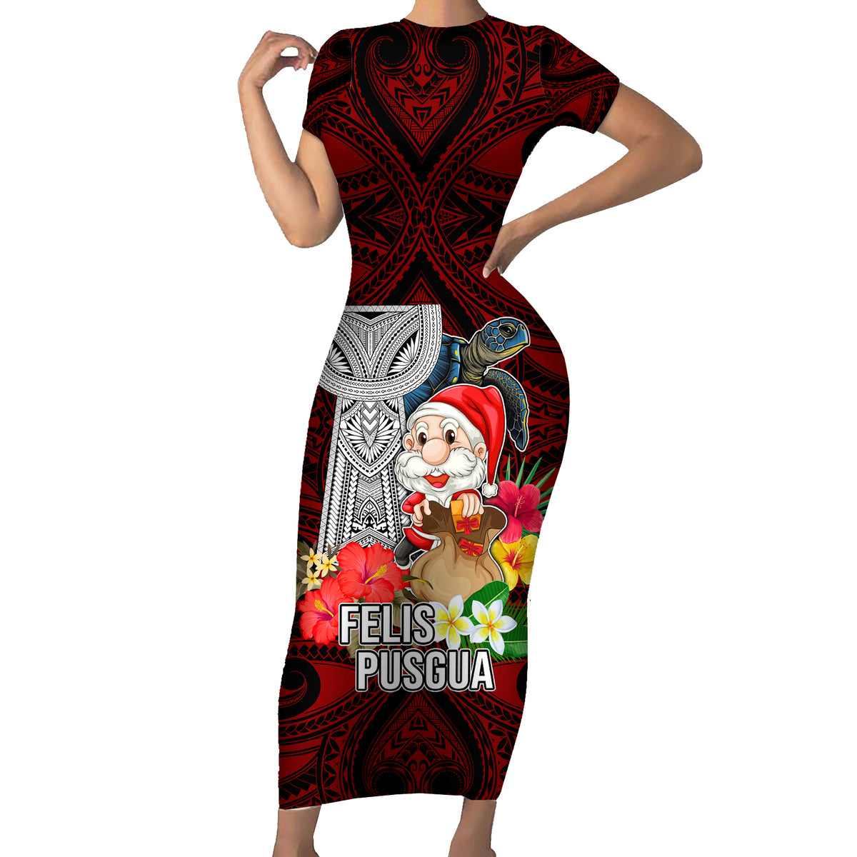 Guam Christmas Short Sleeve Bodycon Dress Santa Gift Latte Stone and Sea Turle Mix Hibiscus Chamorro Red Style LT03