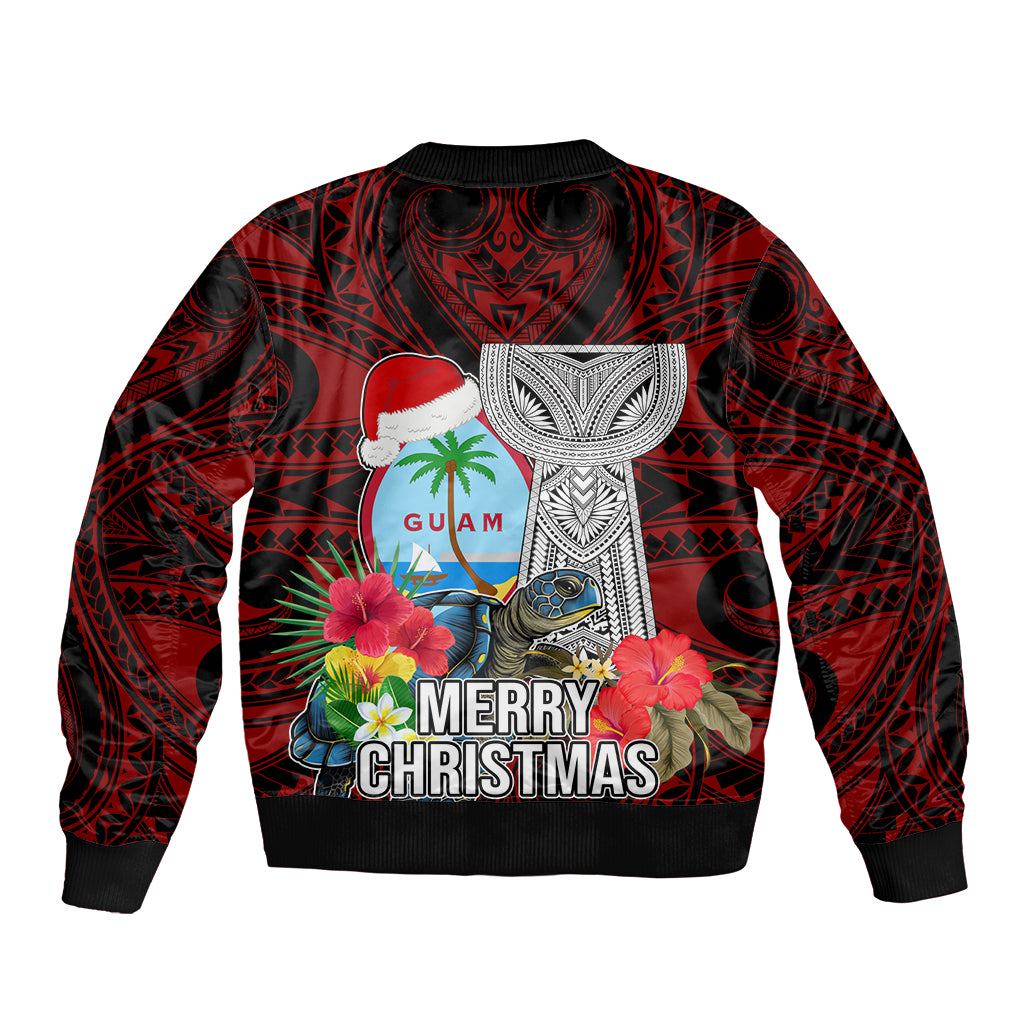Guam Christmas Sleeve Zip Bomber Jacket Santa Gift Latte Stone and Sea Turle Mix Hibiscus Chamorro Red Style LT03