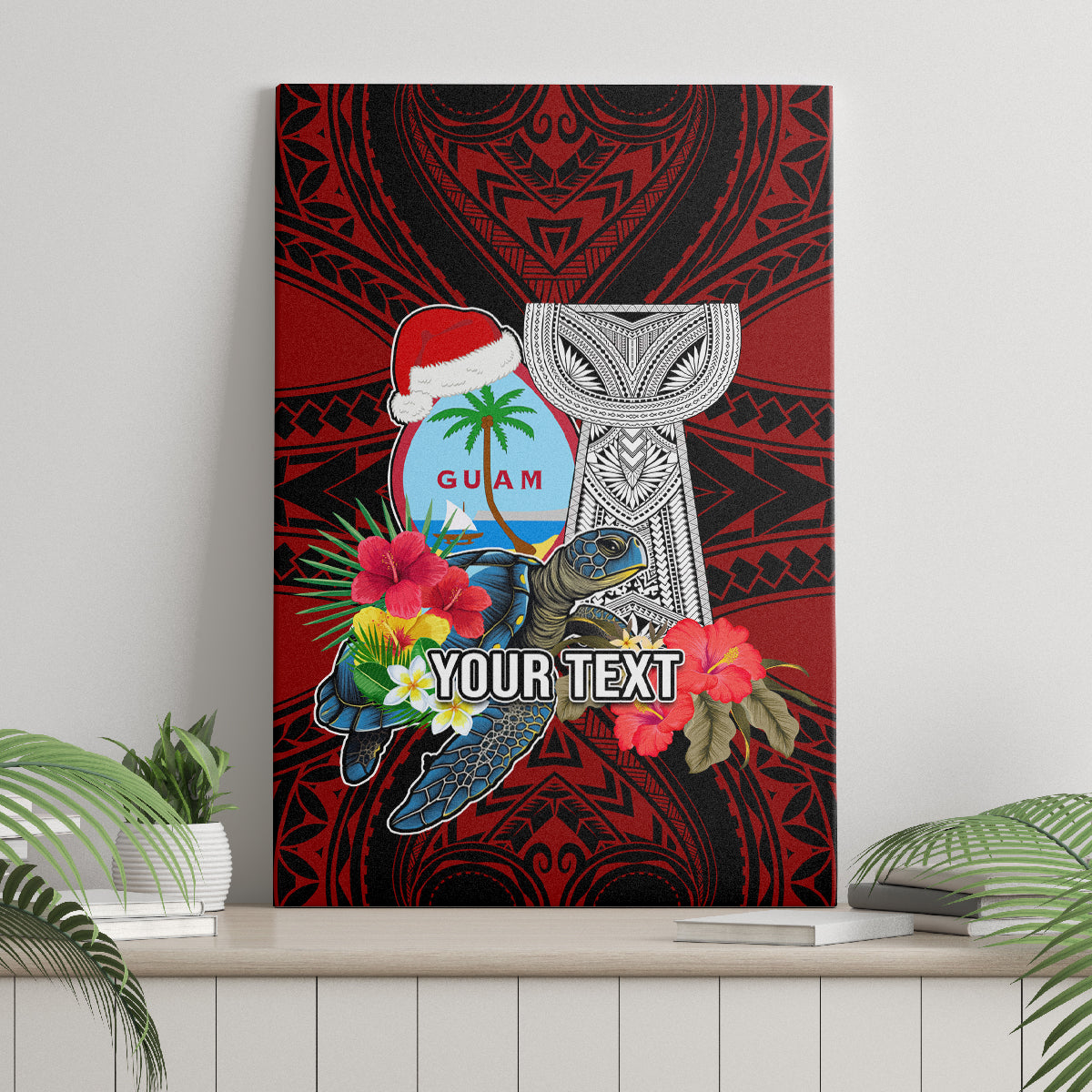 Custom Guam Christmas Canvas Wall Art Santa Gift Latte Stone and Sea Turle Mix Hibiscus Chamorro Red Style LT03