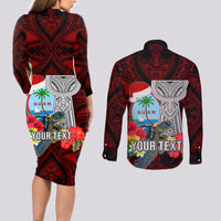 Custom Guam Christmas Couples Matching Long Sleeve Bodycon Dress and Long Sleeve Button Shirt Santa Gift Latte Stone and Sea Turle Mix Hibiscus Chamorro Red Style LT03