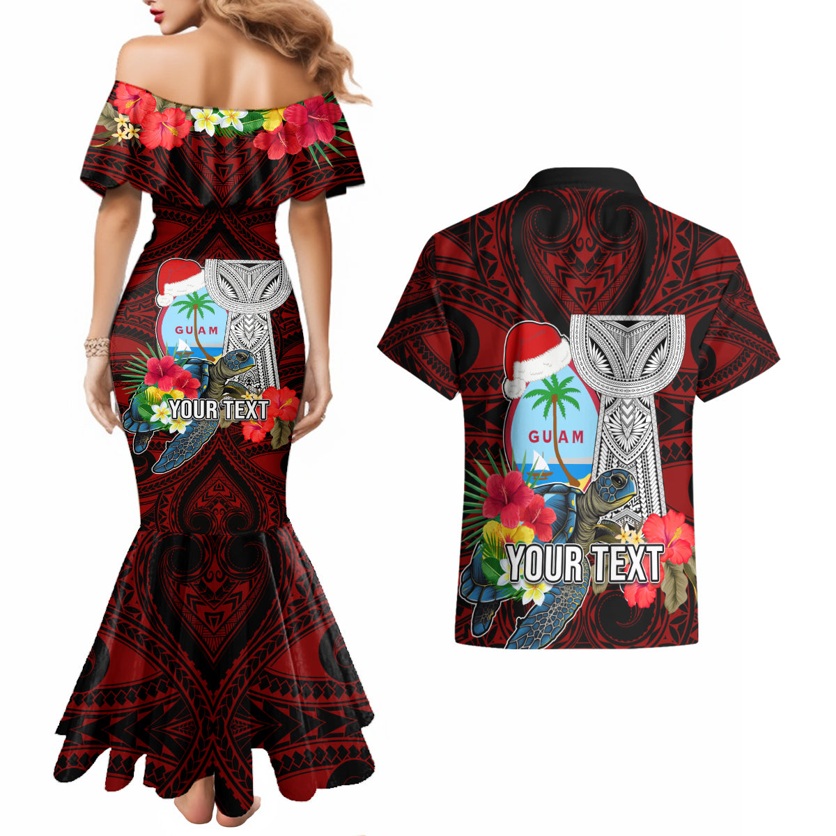 Custom Guam Christmas Couples Matching Mermaid Dress and Hawaiian Shirt Santa Gift Latte Stone and Sea Turle Mix Hibiscus Chamorro Red Style LT03