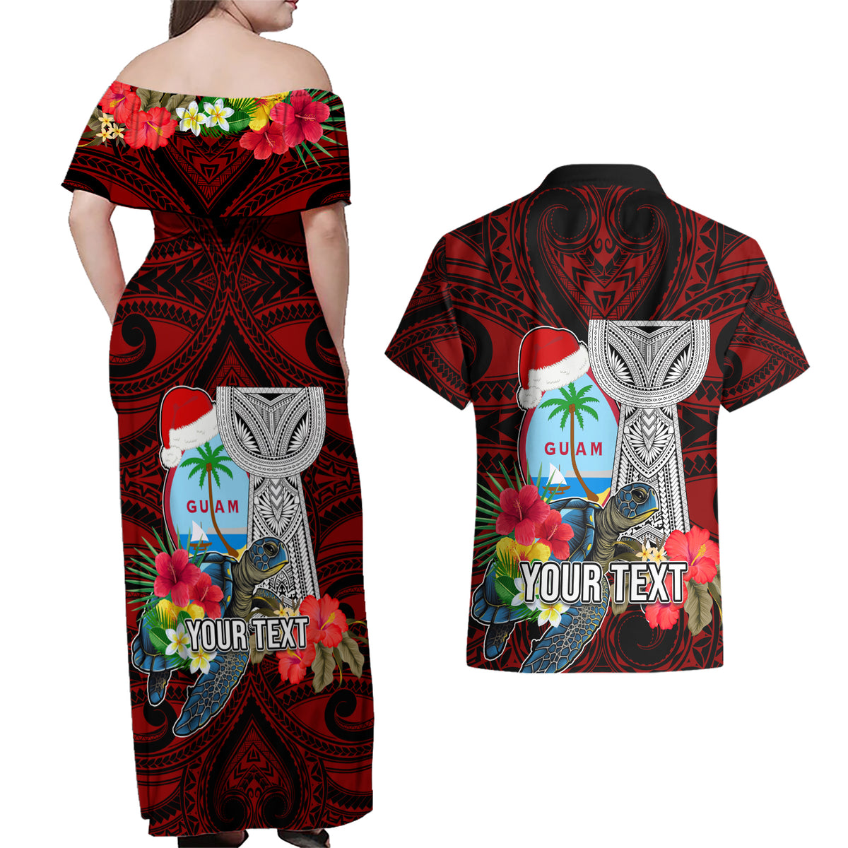 Custom Guam Christmas Couples Matching Off Shoulder Maxi Dress and Hawaiian Shirt Santa Gift Latte Stone and Sea Turle Mix Hibiscus Chamorro Red Style LT03 - Polynesian Pride