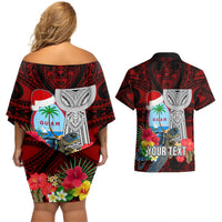 Custom Guam Christmas Couples Matching Off Shoulder Short Dress and Hawaiian Shirt Santa Gift Latte Stone and Sea Turle Mix Hibiscus Chamorro Red Style LT03 - Polynesian Pride