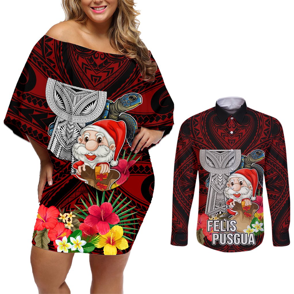 Custom Guam Christmas Couples Matching Off Shoulder Short Dress and Long Sleeve Button Shirt Santa Gift Latte Stone and Sea Turle Mix Hibiscus Chamorro Red Style LT03 Red - Polynesian Pride