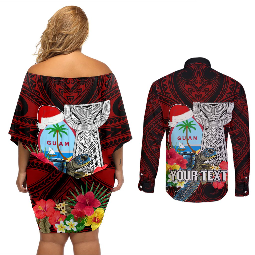 Custom Guam Christmas Couples Matching Off Shoulder Short Dress and Long Sleeve Button Shirt Santa Gift Latte Stone and Sea Turle Mix Hibiscus Chamorro Red Style LT03 - Polynesian Pride